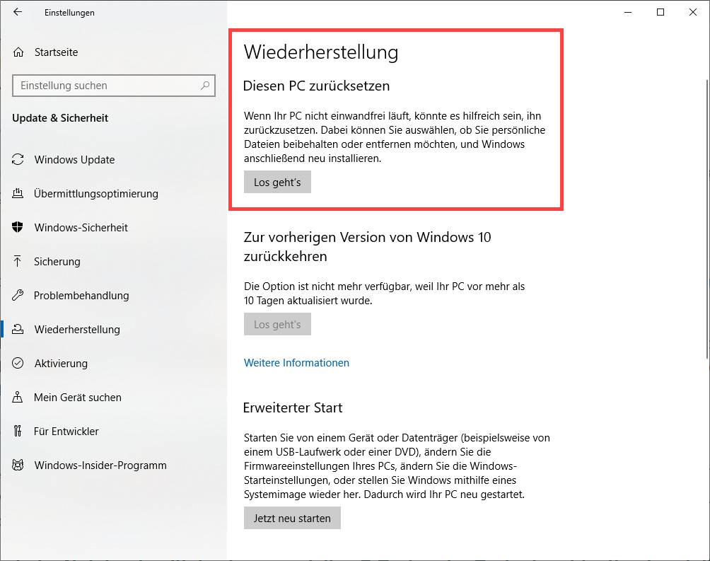 Werkseinstellungen wiederherstellen